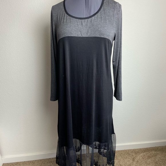 Celeste 3X Midi/Maxi O'Neck Black/Gray Block Lace Hem Ragland Sleeve Comfy Dress - Picture 6 of 7